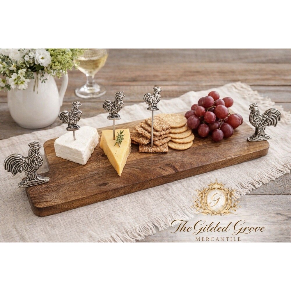Mud Pie Wood Serving Tray Rooster Handles + Appetizer Picks Farmhouse Set